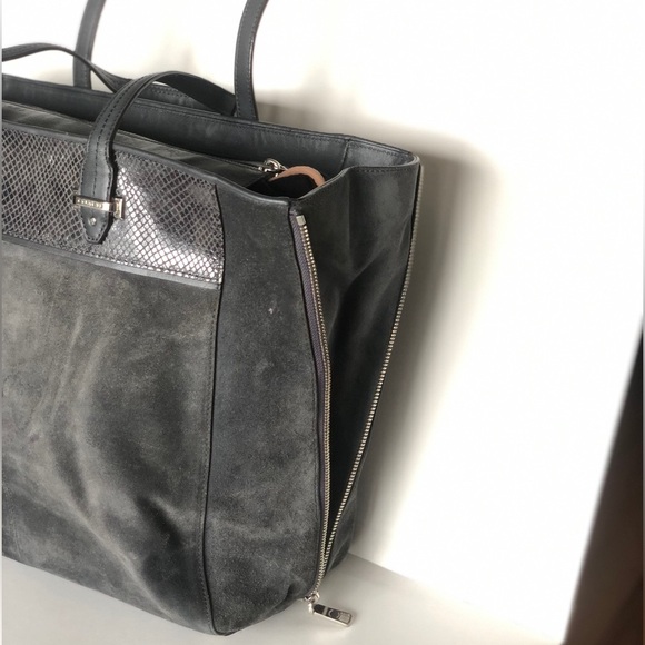 COACH Grey Large Carryall Suede Leather Tote Large Expandable Zipper Snakeskin - Picture 6 of 15